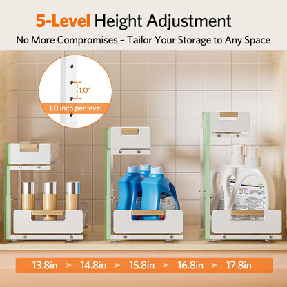 Under Sink Organizer 2 Pack, Pull Out Cabinet Organizer for Kitchen Sink, 2 Tier Metal Slide Out Shelf Caddy for Bathroom Storage, 5 Adjustable Heights for Pantry & Laundry Room, White