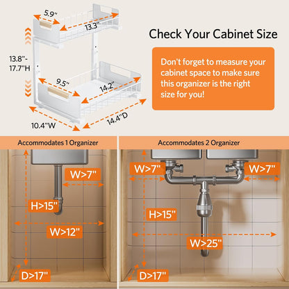 Under Sink Organizer 2 Pack, Pull Out Cabinet Organizer for Kitchen Sink, 2 Tier Metal Slide Out Shelf Caddy for Bathroom Storage, 5 Adjustable Heights for Pantry & Laundry Room, White