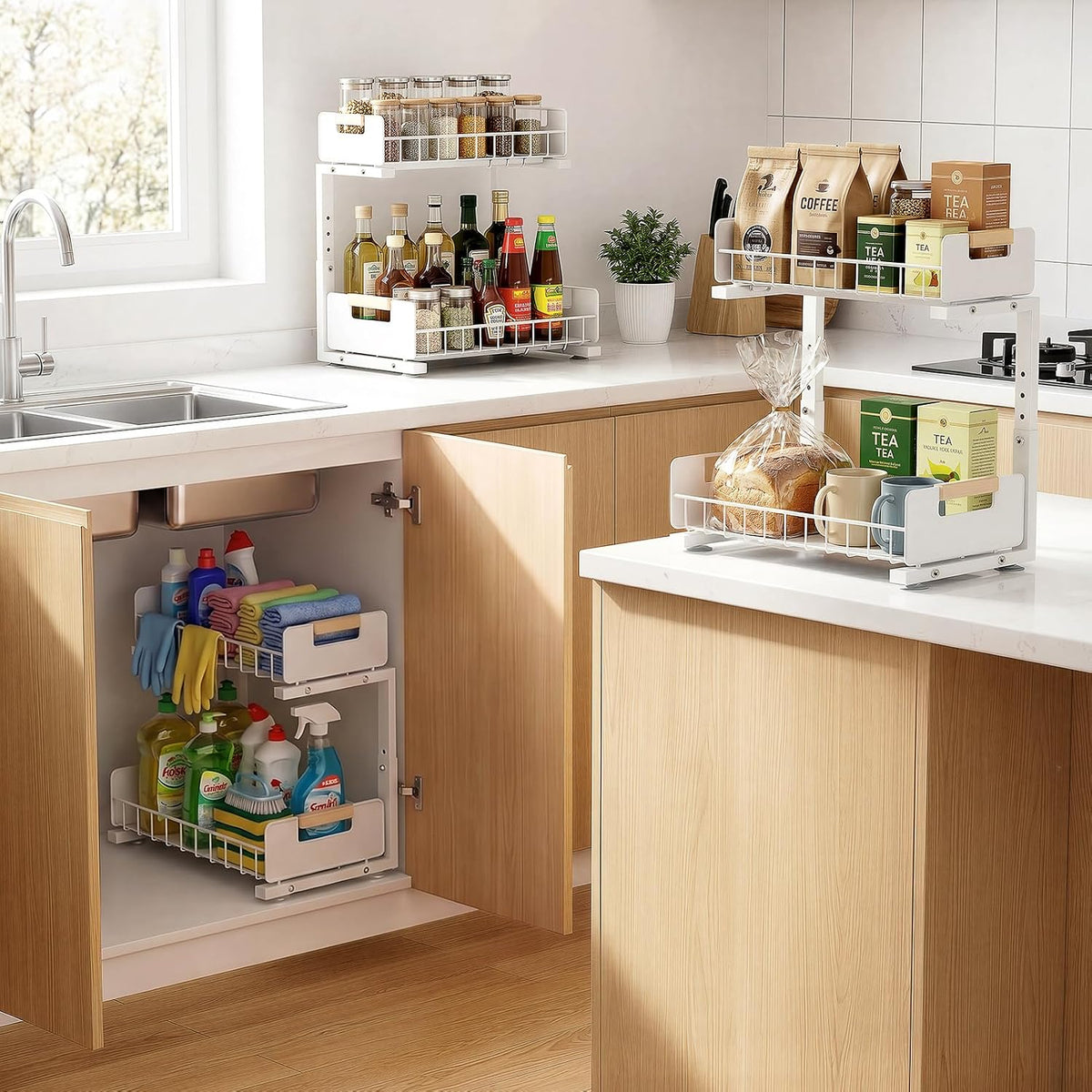 Under Sink Organizer 2 Pack, Pull Out Cabinet Organizer for Kitchen Sink, 2 Tier Metal Slide Out Shelf Caddy for Bathroom Storage, 5 Adjustable Heights for Pantry & Laundry Room, White