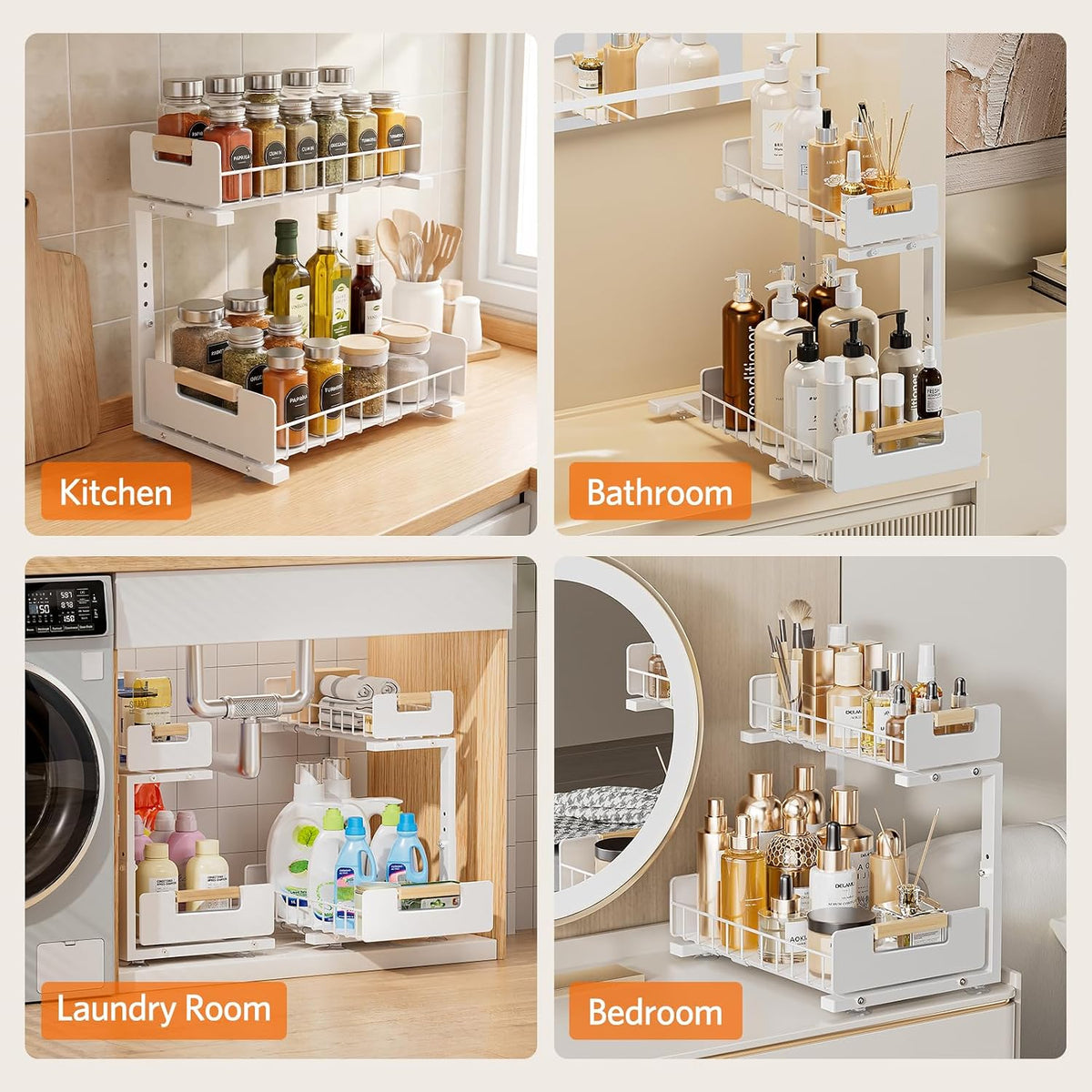 Under Sink Organizer 2 Pack, Pull Out Cabinet Organizer for Kitchen Sink, 2 Tier Metal Slide Out Shelf Caddy for Bathroom Storage, 5 Adjustable Heights for Pantry & Laundry Room, White