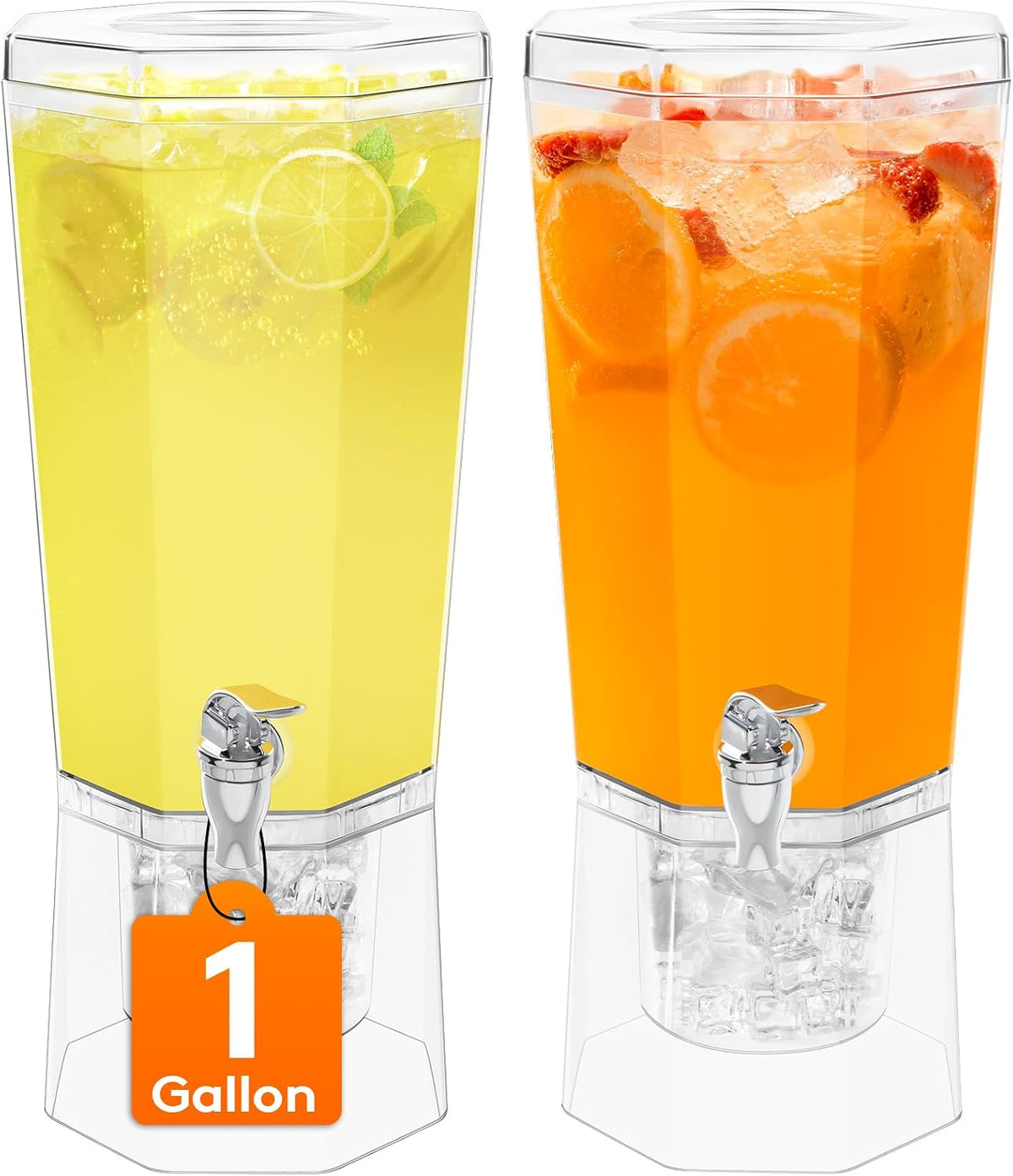 1 Gallon (128 OZ) Drink Dispensers for Parties 2 Pcs, 4L Plastic Beverage Containers with Stand for Juice/Tea/Soda/Water, Clear Ice Lemonade Dispensers with Lid & Leak-proof Spigot