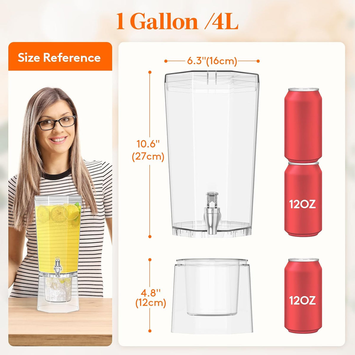 1 Gallon (128 OZ) Drink Dispensers for Parties 2 Pcs, 4L Plastic Beverage Containers with Stand for Juice/Tea/Soda/Water, Clear Ice Lemonade Dispensers with Lid & Leak-proof Spigot