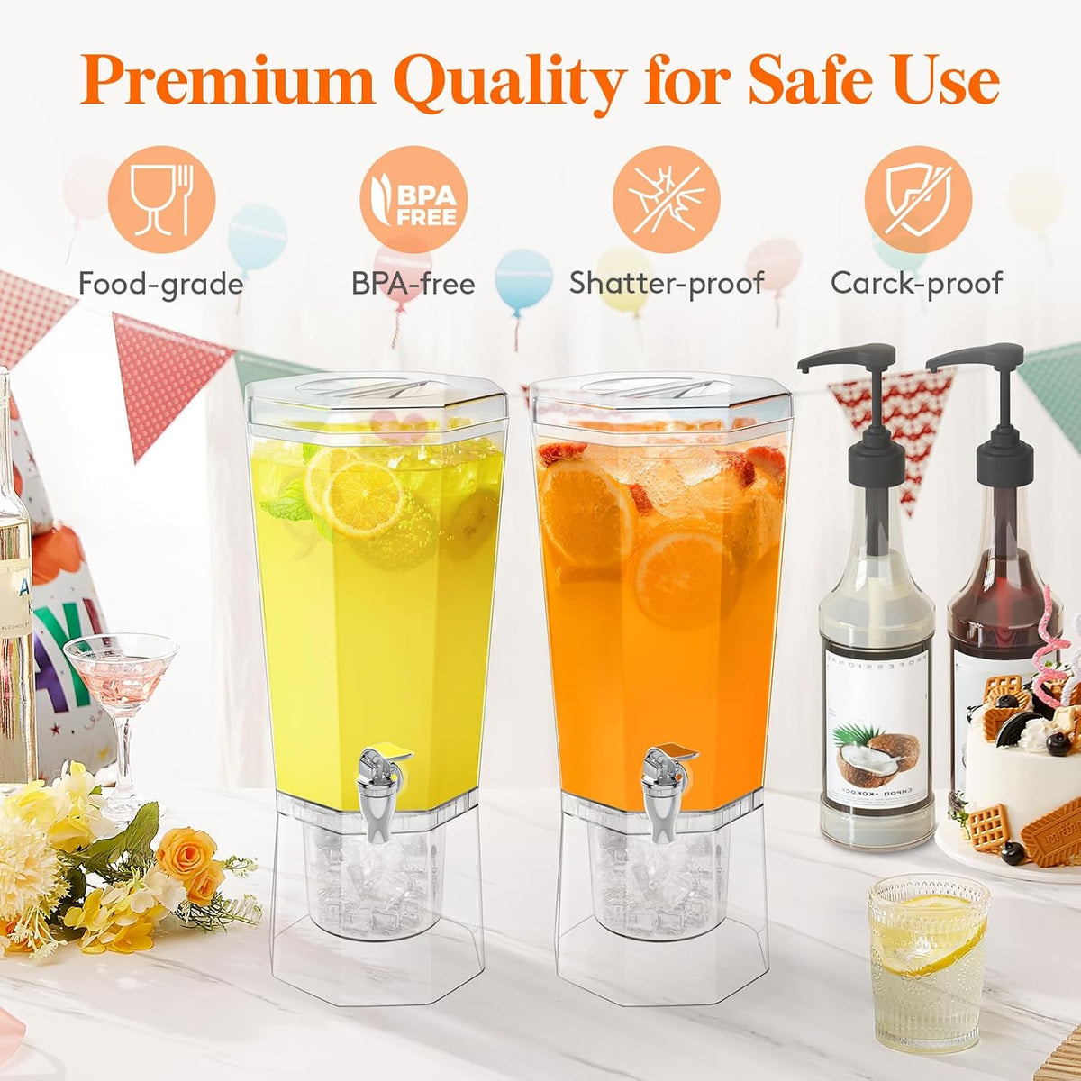 1 Gallon (128 OZ) Drink Dispensers for Parties 2 Pcs, 4L Plastic Beverage Containers with Stand for Juice/Tea/Soda/Water, Clear Ice Lemonade Dispensers with Lid & Leak-proof Spigot