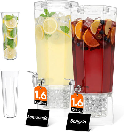 1 Gallon (128 OZ) Drink Dispensers for Parties 2 Pcs, 4L Plastic Beverage Containers with Stand for Juice/Tea/Soda/Water, Clear Ice Lemonade Dispensers with Lid & Leak-proof Spigot