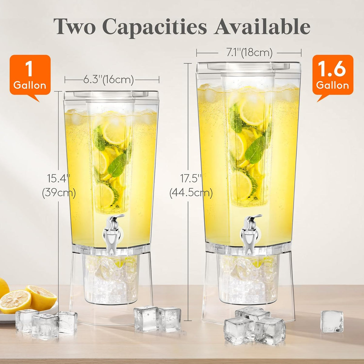 1 Gallon (128 OZ) Drink Dispensers for Parties 2 Pcs, 4L Plastic Beverage Containers with Stand for Juice/Tea/Soda/Water, Clear Ice Lemonade Dispensers with Lid & Leak-proof Spigot