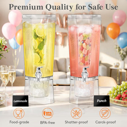 1 Gallon (128 OZ) Drink Dispensers for Parties 2 Pcs, 4L Plastic Beverage Containers with Stand for Juice/Tea/Soda/Water, Clear Ice Lemonade Dispensers with Lid & Leak-proof Spigot