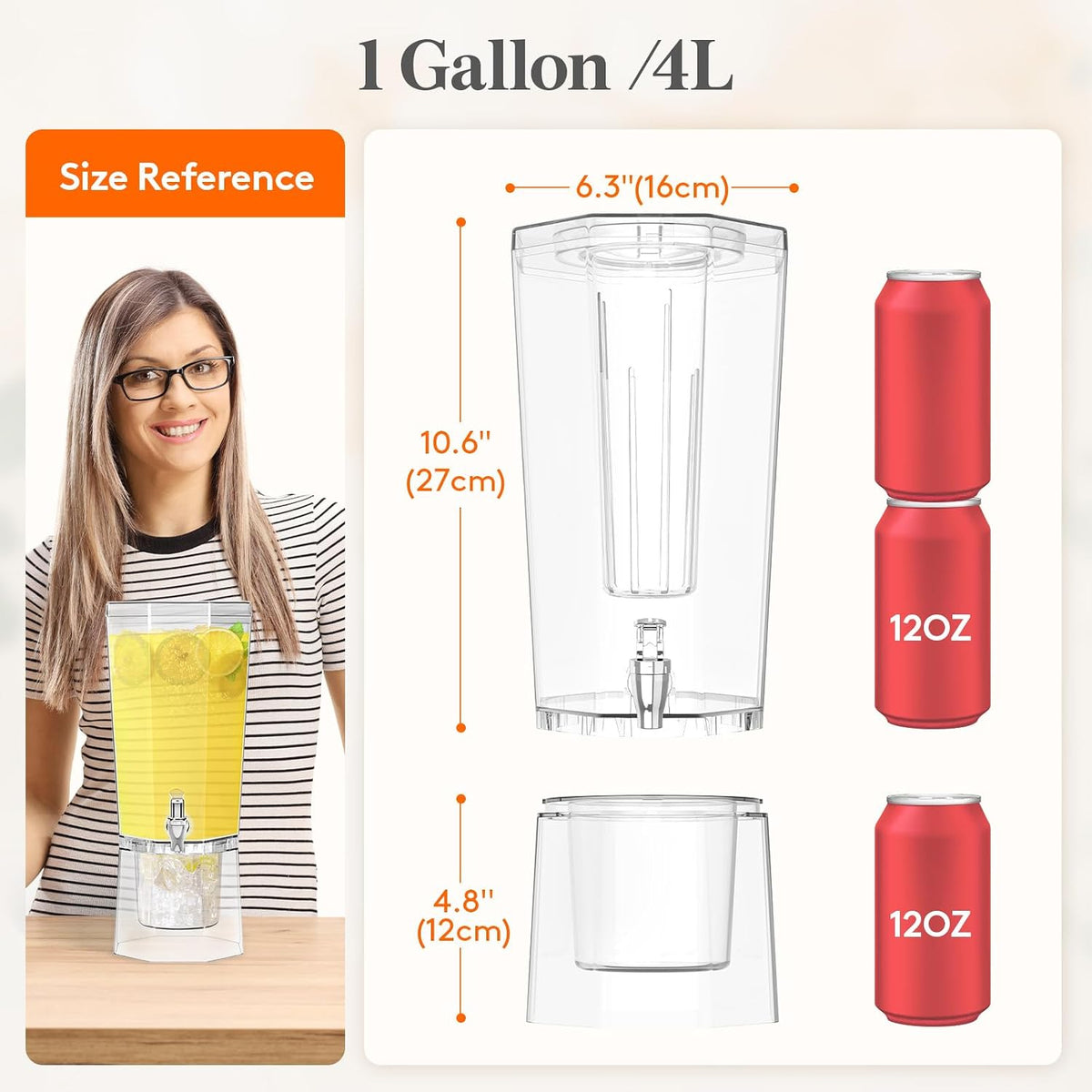 1 Gallon (128 OZ) Drink Dispensers for Parties 2 Pcs, 4L Plastic Beverage Containers with Stand for Juice/Tea/Soda/Water, Clear Ice Lemonade Dispensers with Lid & Leak-proof Spigot