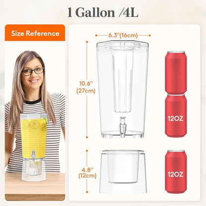 1 Gallon (128 OZ) Drink Dispensers for Parties 2 Pcs, 4L Plastic Beverage Containers with Stand for Juice/Tea/Soda/Water, Clear Ice Lemonade Dispensers with Lid & Leak-proof Spigot