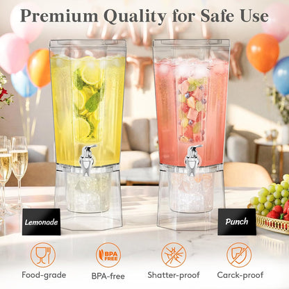 1 Gallon (128 OZ) Drink Dispensers for Parties 2 Pcs, 4L Plastic Beverage Containers with Stand for Juice/Tea/Soda/Water, Clear Ice Lemonade Dispensers with Lid & Leak-proof Spigot