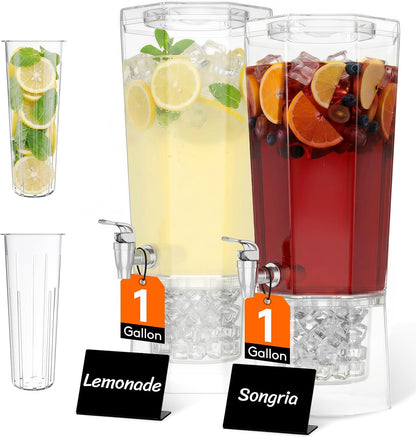 1 Gallon (128 OZ) Drink Dispensers for Parties 2 Pcs, 4L Plastic Beverage Containers with Stand for Juice/Tea/Soda/Water, Clear Ice Lemonade Dispensers with Lid & Leak-proof Spigot