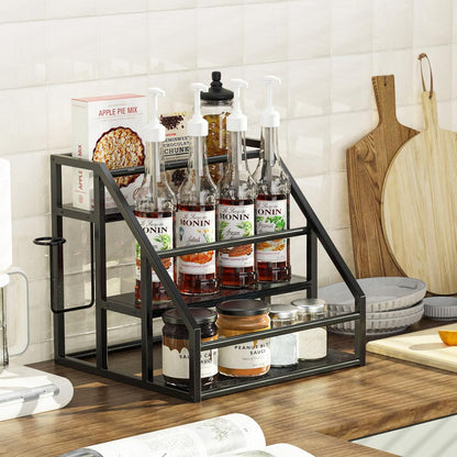 Coffee Syrup Rack Organizer, 3 Tier Countertop Storage Shelves, Kitchen Storage, 12 Syrup Bottle Stand Holder for Wine, Liquor, Kitchen Coffee Station Organizer Rack, 13.8"x13.4"x13.0", Rustic Brown