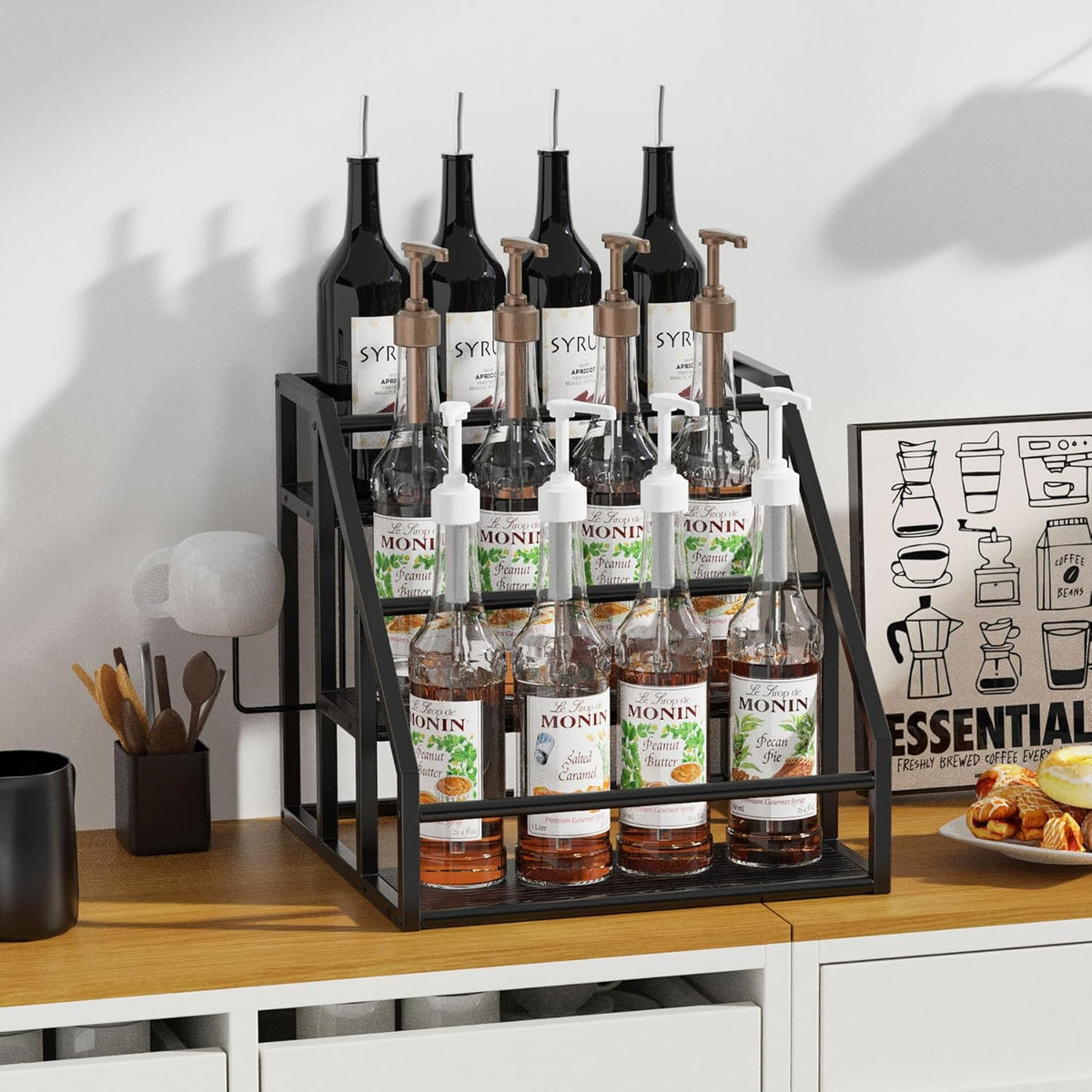 Coffee Syrup Rack Organizer, 3 Tier Countertop Storage Shelves, Kitchen Storage, 12 Syrup Bottle Stand Holder for Wine, Liquor, Kitchen Coffee Station Organizer Rack, 13.8"x13.4"x13.0", Rustic Brown