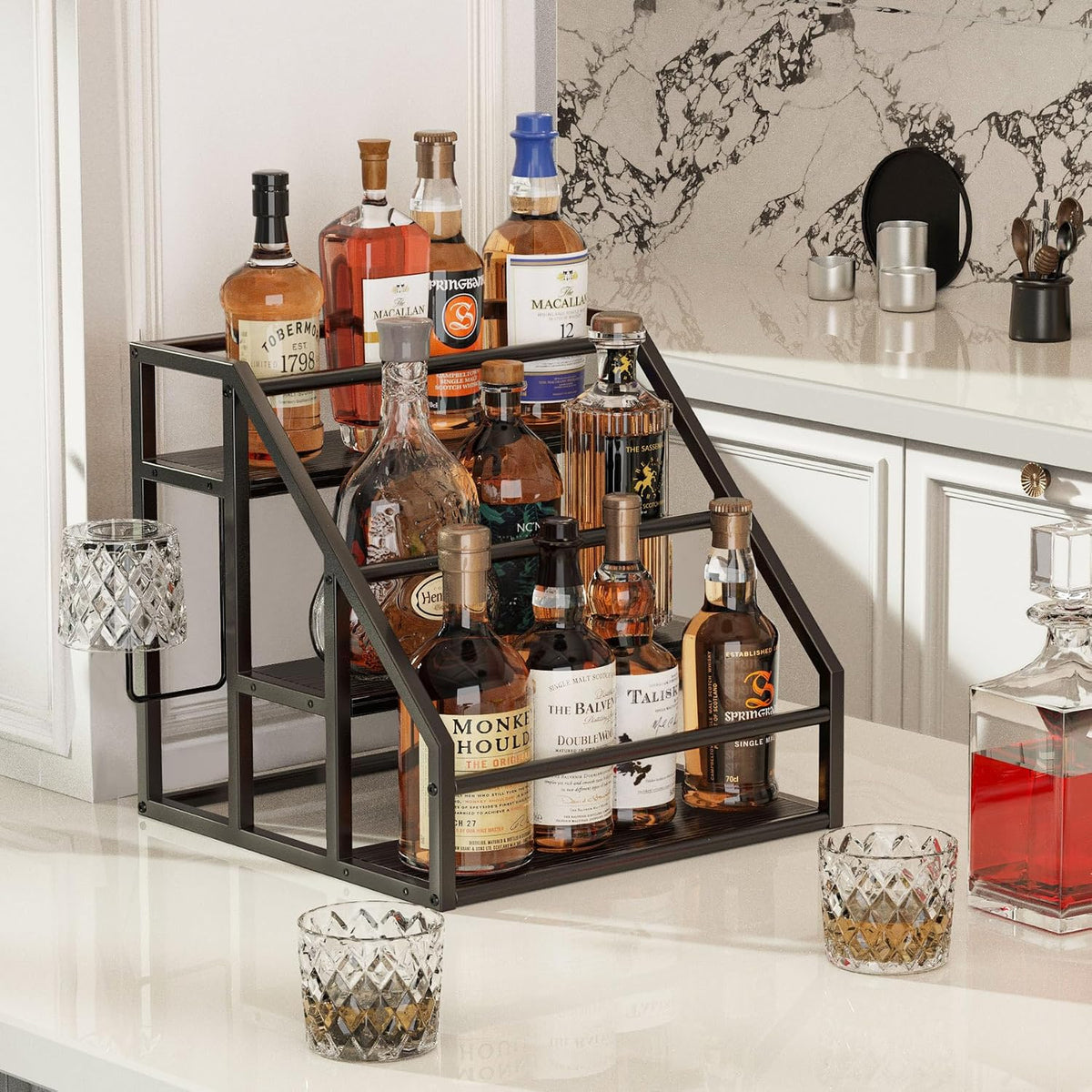 Coffee Syrup Rack Organizer, 3 Tier Countertop Storage Shelves, Kitchen Storage, 12 Syrup Bottle Stand Holder for Wine, Liquor, Kitchen Coffee Station Organizer Rack, 13.8"x13.4"x13.0", Rustic Brown