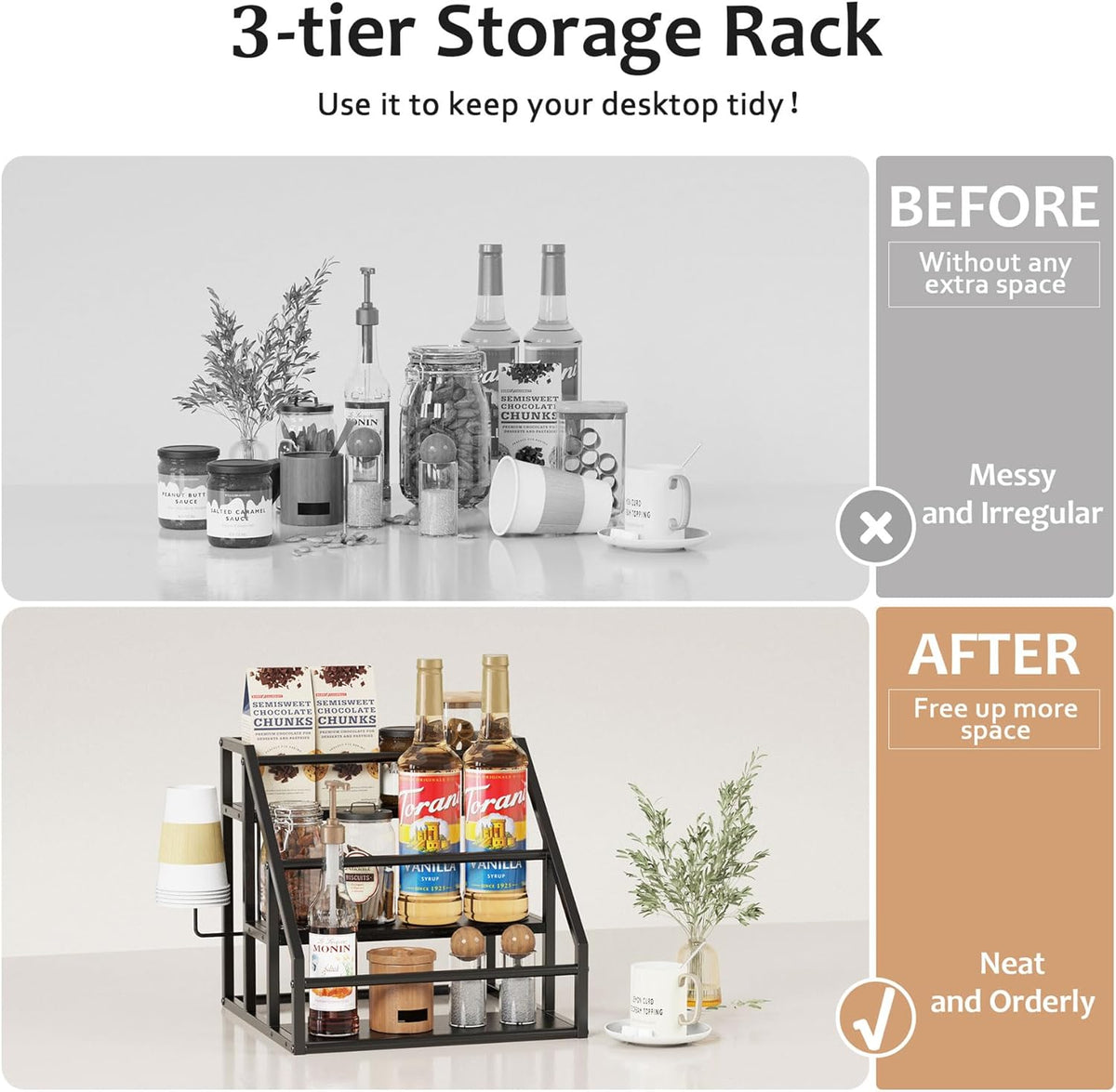 Coffee Syrup Rack Organizer, 3 Tier Countertop Storage Shelves, Kitchen Storage, 12 Syrup Bottle Stand Holder for Wine, Liquor, Kitchen Coffee Station Organizer Rack, 13.8"x13.4"x13.0", Rustic Brown
