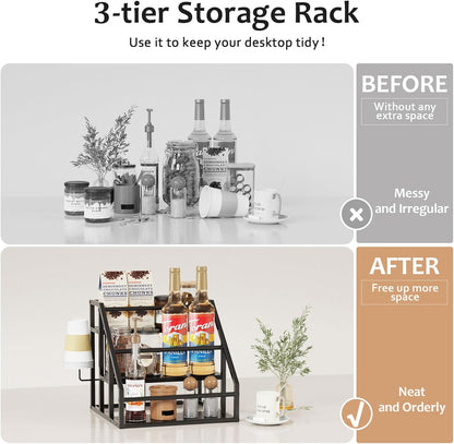 Coffee Syrup Rack Organizer, 3 Tier Countertop Storage Shelves, Kitchen Storage, 12 Syrup Bottle Stand Holder for Wine, Liquor, Kitchen Coffee Station Organizer Rack, 13.8"x13.4"x13.0", Rustic Brown