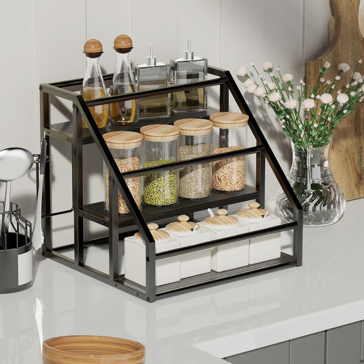Coffee Syrup Rack Organizer, 3 Tier Countertop Storage Shelves, Kitchen Storage, 12 Syrup Bottle Stand Holder for Wine, Liquor, Kitchen Coffee Station Organizer Rack, 13.8"x13.4"x13.0", Rustic Brown