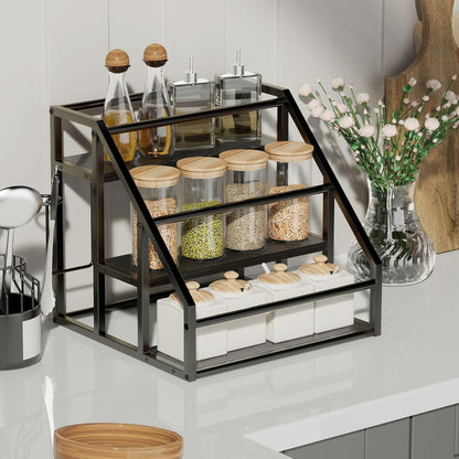 Coffee Syrup Rack Organizer, 3 Tier Countertop Storage Shelves, Kitchen Storage, 12 Syrup Bottle Stand Holder for Wine, Liquor, Kitchen Coffee Station Organizer Rack, 13.8"x13.4"x13.0", Rustic Brown