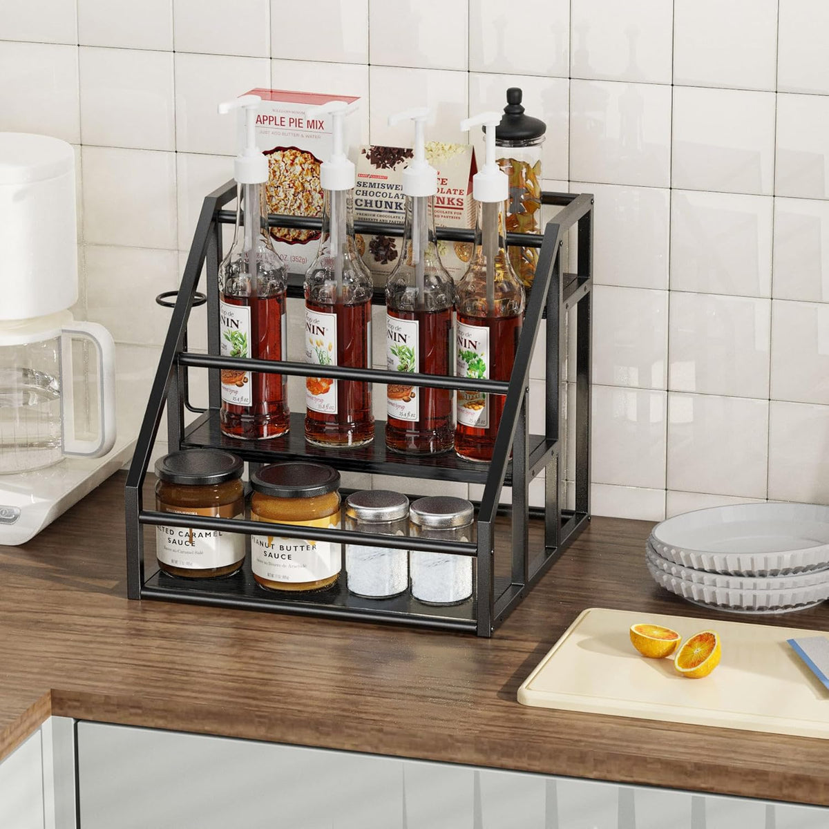 Coffee Syrup Rack Organizer, 3 Tier Countertop Storage Shelves, Kitchen Storage, 12 Syrup Bottle Stand Holder for Wine, Liquor, Kitchen Coffee Station Organizer Rack, 13.8"x13.4"x13.0", Rustic Brown