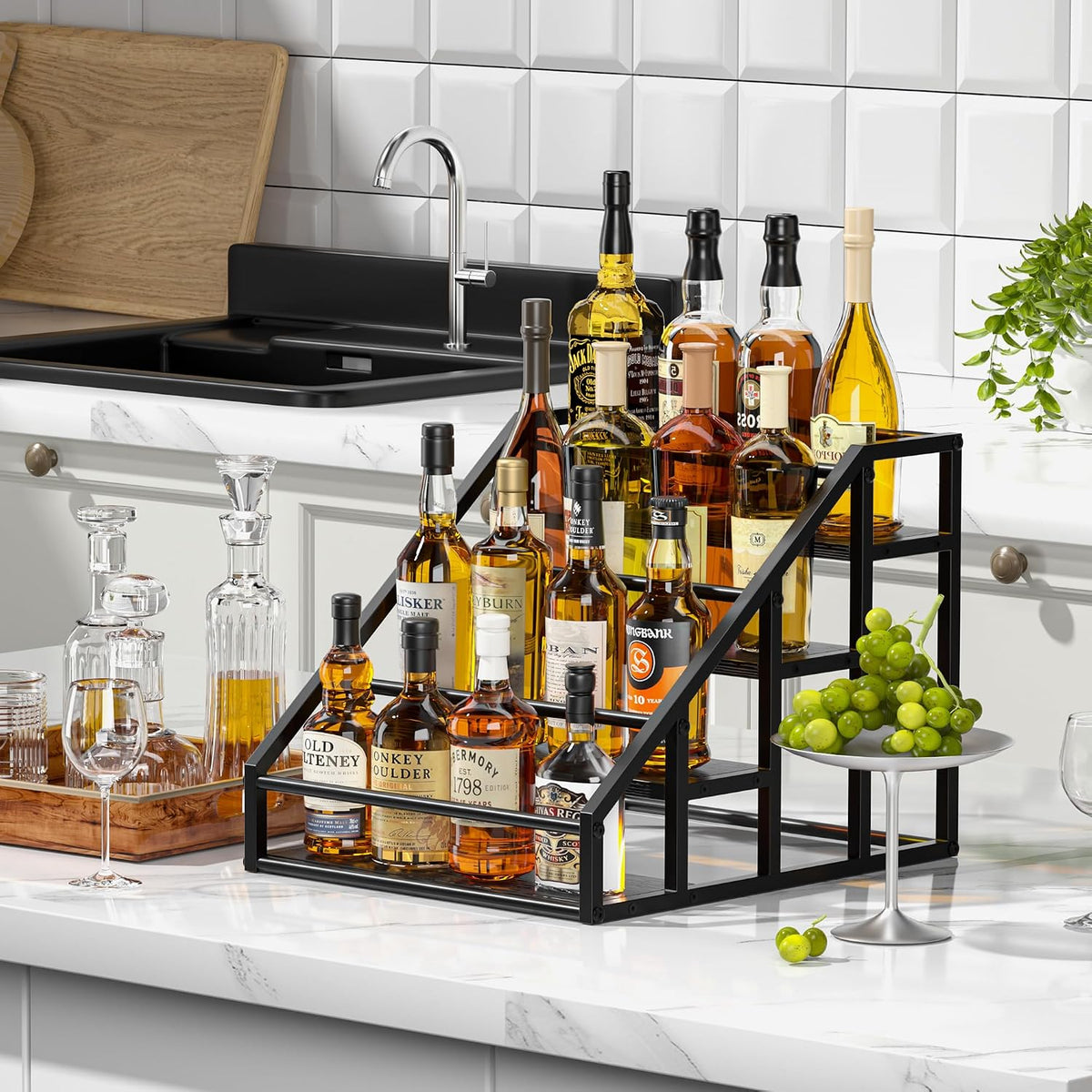Coffee Syrup Rack Organizer, 3 Tier Countertop Storage Shelves, Kitchen Storage, 12 Syrup Bottle Stand Holder for Wine, Liquor, Kitchen Coffee Station Organizer Rack, 13.8"x13.4"x13.0", Rustic Brown
