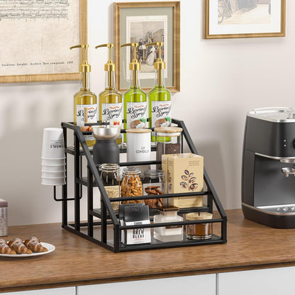 Coffee Syrup Rack Organizer, 3 Tier Countertop Storage Shelves, Kitchen Storage, 12 Syrup Bottle Stand Holder for Wine, Liquor, Kitchen Coffee Station Organizer Rack, 13.8"x13.4"x13.0", Rustic Brown