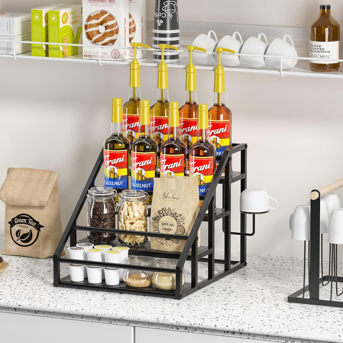 Coffee Syrup Rack Organizer, 3 Tier Countertop Storage Shelves, Kitchen Storage, 12 Syrup Bottle Stand Holder for Wine, Liquor, Kitchen Coffee Station Organizer Rack, 13.8"x13.4"x13.0", Rustic Brown