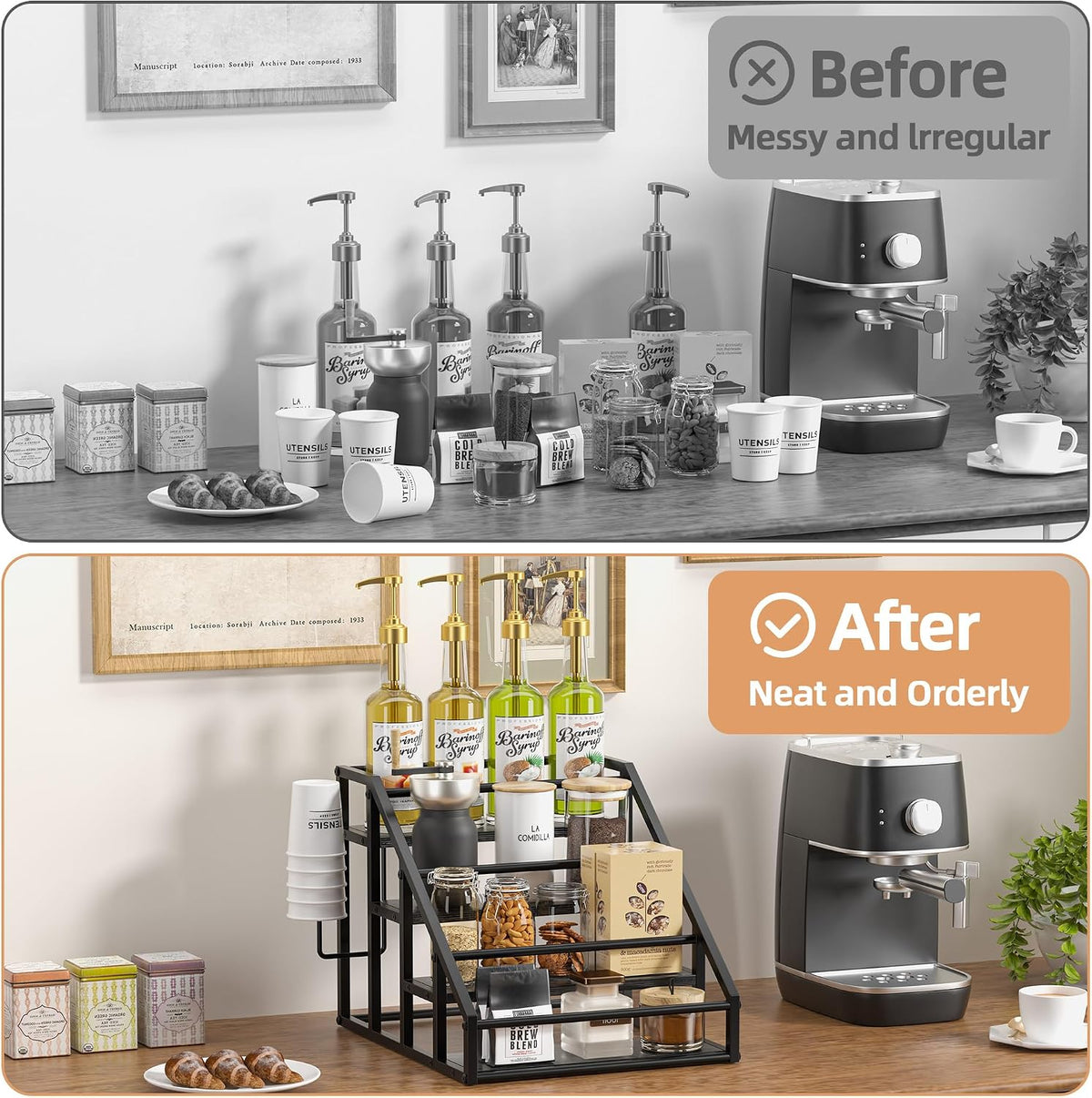Coffee Syrup Rack Organizer, 3 Tier Countertop Storage Shelves, Kitchen Storage, 12 Syrup Bottle Stand Holder for Wine, Liquor, Kitchen Coffee Station Organizer Rack, 13.8"x13.4"x13.0", Rustic Brown