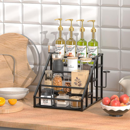 Coffee Syrup Rack Organizer, 3 Tier Countertop Storage Shelves, Kitchen Storage, 12 Syrup Bottle Stand Holder for Wine, Liquor, Kitchen Coffee Station Organizer Rack, 13.8"x13.4"x13.0", Rustic Brown