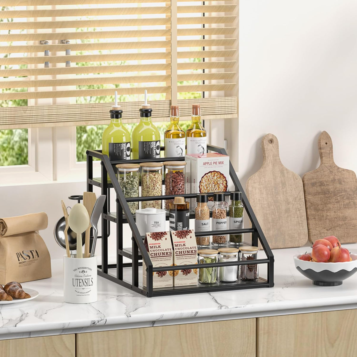 Coffee Syrup Rack Organizer, 3 Tier Countertop Storage Shelves, Kitchen Storage, 12 Syrup Bottle Stand Holder for Wine, Liquor, Kitchen Coffee Station Organizer Rack, 13.8"x13.4"x13.0", Rustic Brown