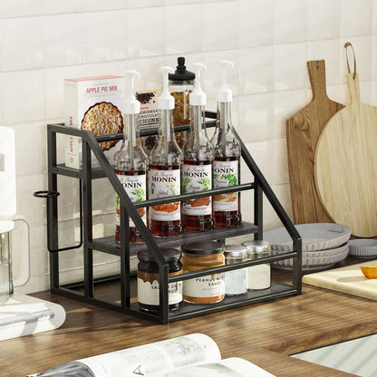 Coffee Syrup Rack Organizer, 3 Tier Countertop Storage Shelves, Kitchen Storage, 12 Syrup Bottle Stand Holder for Wine, Liquor, Kitchen Coffee Station Organizer Rack, 13.8"x13.4"x13.0", Rustic Brown