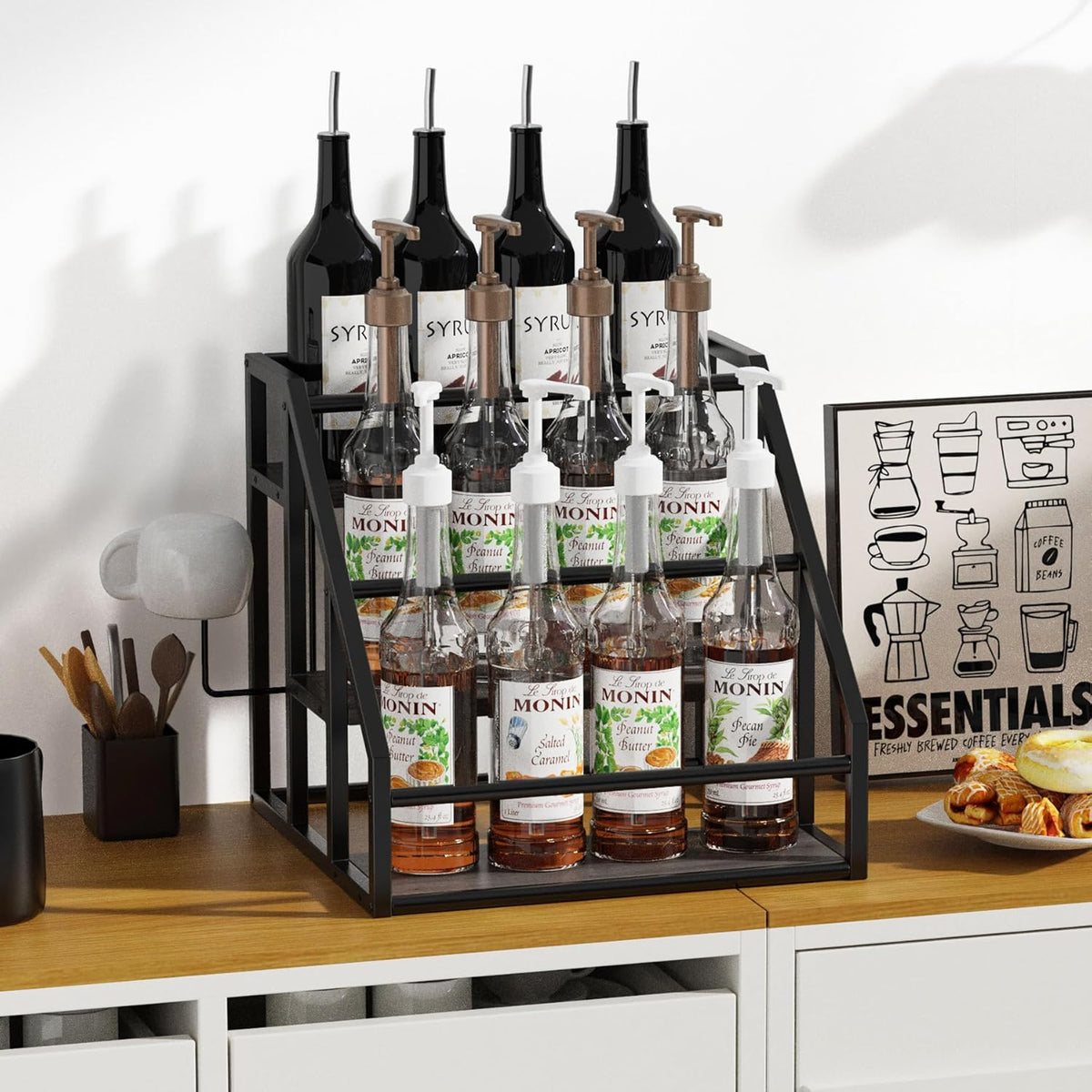 Coffee Syrup Rack Organizer, 3 Tier Countertop Storage Shelves, Kitchen Storage, 12 Syrup Bottle Stand Holder for Wine, Liquor, Kitchen Coffee Station Organizer Rack, 13.8"x13.4"x13.0", Rustic Brown