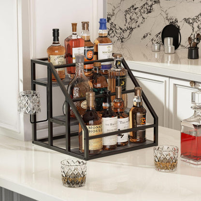 Coffee Syrup Rack Organizer, 3 Tier Countertop Storage Shelves, Kitchen Storage, 12 Syrup Bottle Stand Holder for Wine, Liquor, Kitchen Coffee Station Organizer Rack, 13.8"x13.4"x13.0", Rustic Brown