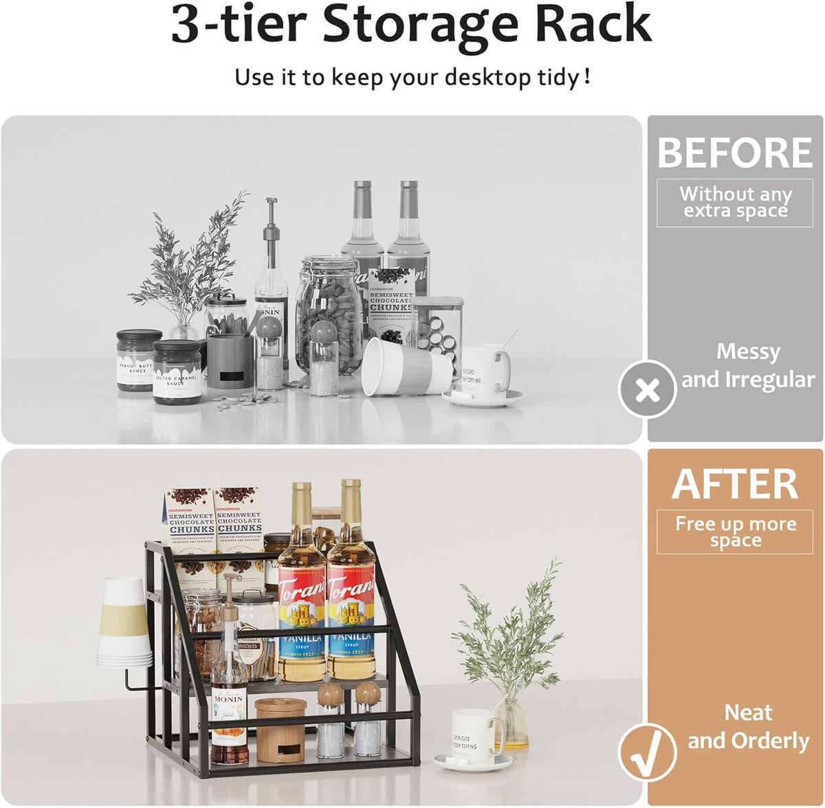 Coffee Syrup Rack Organizer, 3 Tier Countertop Storage Shelves, Kitchen Storage, 12 Syrup Bottle Stand Holder for Wine, Liquor, Kitchen Coffee Station Organizer Rack, 13.8"x13.4"x13.0", Rustic Brown