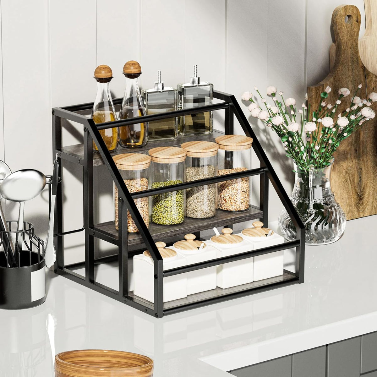 Coffee Syrup Rack Organizer, 3 Tier Countertop Storage Shelves, Kitchen Storage, 12 Syrup Bottle Stand Holder for Wine, Liquor, Kitchen Coffee Station Organizer Rack, 13.8"x13.4"x13.0", Rustic Brown