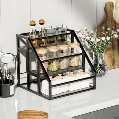 Coffee Syrup Rack Organizer, 3 Tier Countertop Storage Shelves, Kitchen Storage, 12 Syrup Bottle Stand Holder for Wine, Liquor, Kitchen Coffee Station Organizer Rack, 13.8"x13.4"x13.0", Rustic Brown