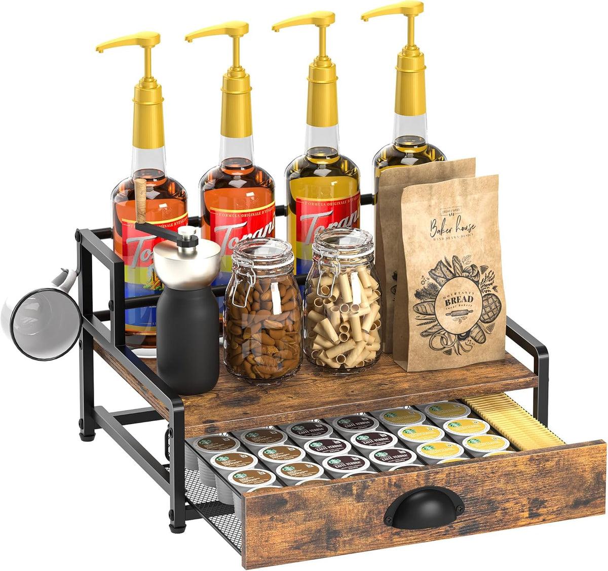 Coffee Syrup Rack Organizer, 3 Tier Countertop Storage Shelves, Kitchen Storage, 12 Syrup Bottle Stand Holder for Wine, Liquor, Kitchen Coffee Station Organizer Rack, 13.8"x13.4"x13.0", Rustic Brown