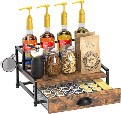 Coffee Syrup Rack Organizer, 3 Tier Countertop Storage Shelves, Kitchen Storage, 12 Syrup Bottle Stand Holder for Wine, Liquor, Kitchen Coffee Station Organizer Rack, 13.8"x13.4"x13.0", Rustic Brown