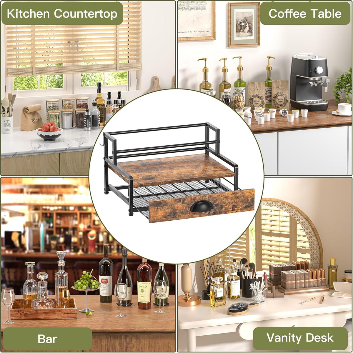 Coffee Syrup Rack Organizer, 3 Tier Countertop Storage Shelves, Kitchen Storage, 12 Syrup Bottle Stand Holder for Wine, Liquor, Kitchen Coffee Station Organizer Rack, 13.8"x13.4"x13.0", Rustic Brown