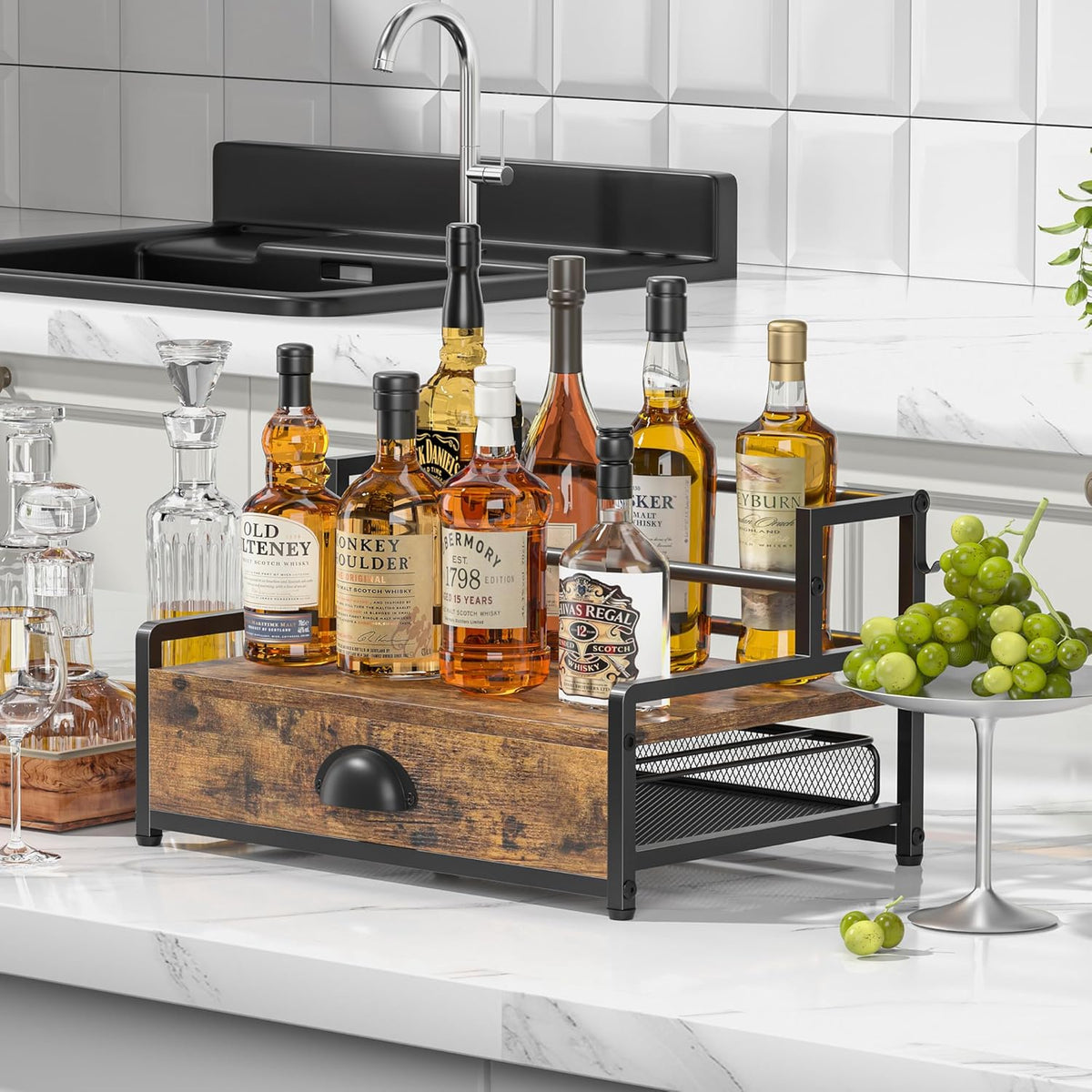 Coffee Syrup Rack Organizer, 3 Tier Countertop Storage Shelves, Kitchen Storage, 12 Syrup Bottle Stand Holder for Wine, Liquor, Kitchen Coffee Station Organizer Rack, 13.8"x13.4"x13.0", Rustic Brown