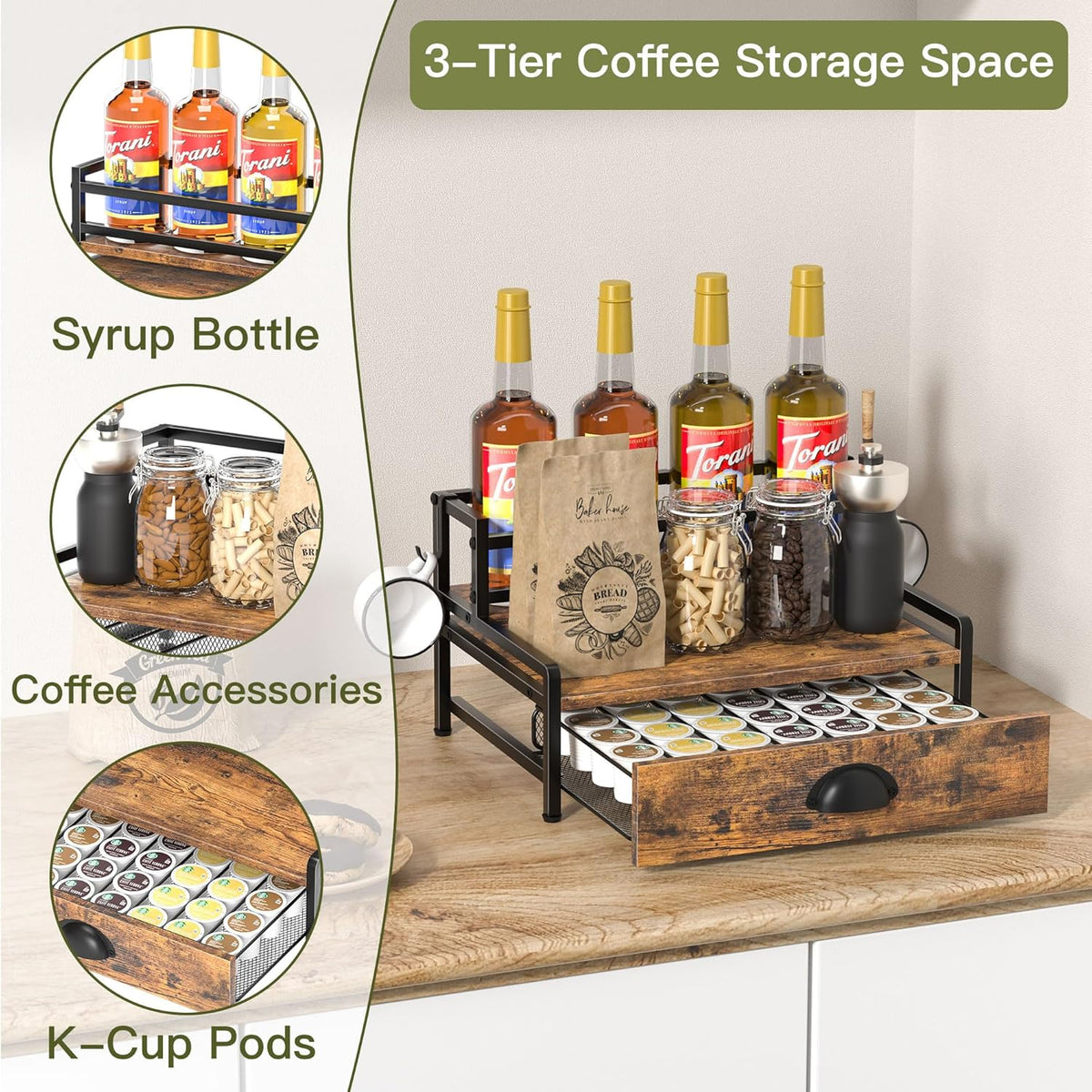 Coffee Syrup Rack Organizer, 3 Tier Countertop Storage Shelves, Kitchen Storage, 12 Syrup Bottle Stand Holder for Wine, Liquor, Kitchen Coffee Station Organizer Rack, 13.8"x13.4"x13.0", Rustic Brown