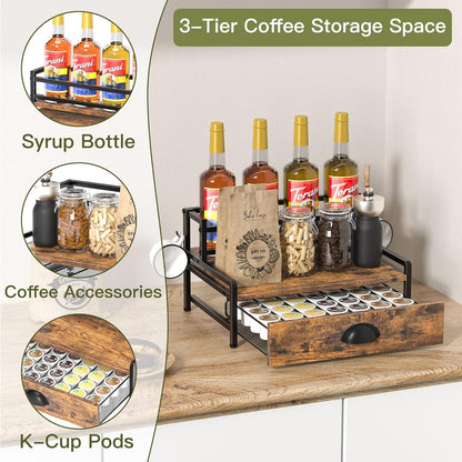 Coffee Syrup Rack Organizer, 3 Tier Countertop Storage Shelves, Kitchen Storage, 12 Syrup Bottle Stand Holder for Wine, Liquor, Kitchen Coffee Station Organizer Rack, 13.8"x13.4"x13.0", Rustic Brown