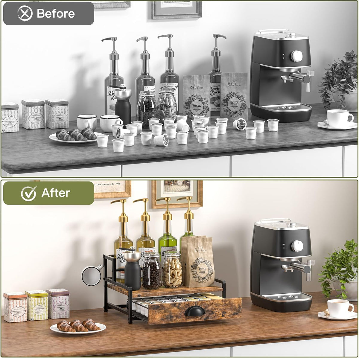 Coffee Syrup Rack Organizer, 3 Tier Countertop Storage Shelves, Kitchen Storage, 12 Syrup Bottle Stand Holder for Wine, Liquor, Kitchen Coffee Station Organizer Rack, 13.8"x13.4"x13.0", Rustic Brown