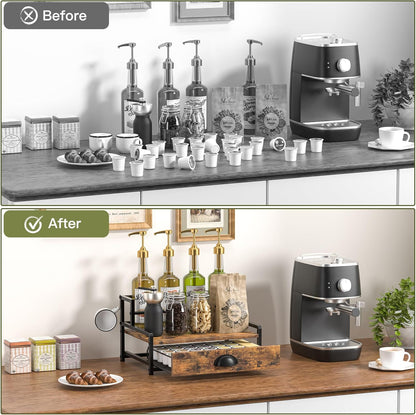 Coffee Syrup Rack Organizer, 3 Tier Countertop Storage Shelves, Kitchen Storage, 12 Syrup Bottle Stand Holder for Wine, Liquor, Kitchen Coffee Station Organizer Rack, 13.8"x13.4"x13.0", Rustic Brown