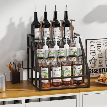 Coffee Syrup Rack Organizer, 3 Tier Countertop Storage Shelves, Kitchen Storage, 12 Syrup Bottle Stand Holder for Wine, Liquor, Kitchen Coffee Station Organizer Rack, 13.8"x13.4"x13.0", Rustic Brown