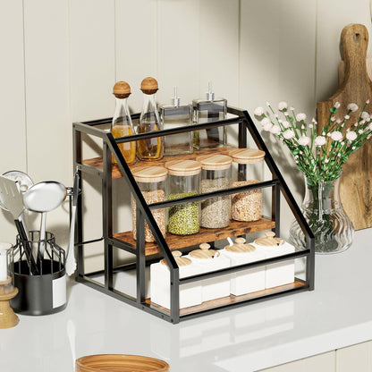 Coffee Syrup Rack Organizer, 3 Tier Countertop Storage Shelves, Kitchen Storage, 12 Syrup Bottle Stand Holder for Wine, Liquor, Kitchen Coffee Station Organizer Rack, 13.8"x13.4"x13.0", Rustic Brown