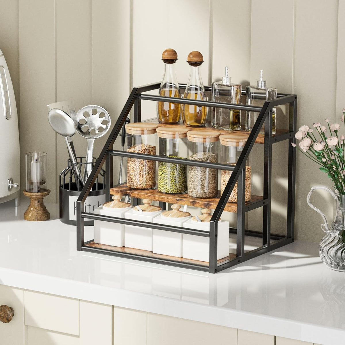 Coffee Syrup Rack Organizer, 3 Tier Countertop Storage Shelves, Kitchen Storage, 12 Syrup Bottle Stand Holder for Wine, Liquor, Kitchen Coffee Station Organizer Rack, 13.8"x13.4"x13.0", Rustic Brown