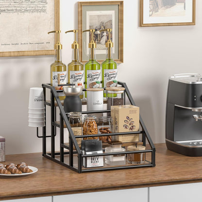 Coffee Syrup Rack Organizer, 3 Tier Countertop Storage Shelves, Kitchen Storage, 12 Syrup Bottle Stand Holder for Wine, Liquor, Kitchen Coffee Station Organizer Rack, 13.8"x13.4"x13.0", Rustic Brown