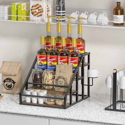 Coffee Syrup Rack Organizer, 3 Tier Countertop Storage Shelves, Kitchen Storage, 12 Syrup Bottle Stand Holder for Wine, Liquor, Kitchen Coffee Station Organizer Rack, 13.8"x13.4"x13.0", Rustic Brown