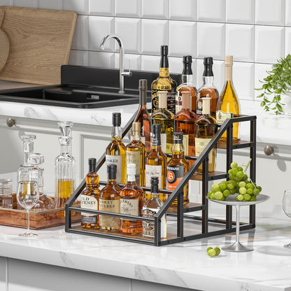 Coffee Syrup Rack Organizer, 3 Tier Countertop Storage Shelves, Kitchen Storage, 12 Syrup Bottle Stand Holder for Wine, Liquor, Kitchen Coffee Station Organizer Rack, 13.8"x13.4"x13.0", Rustic Brown