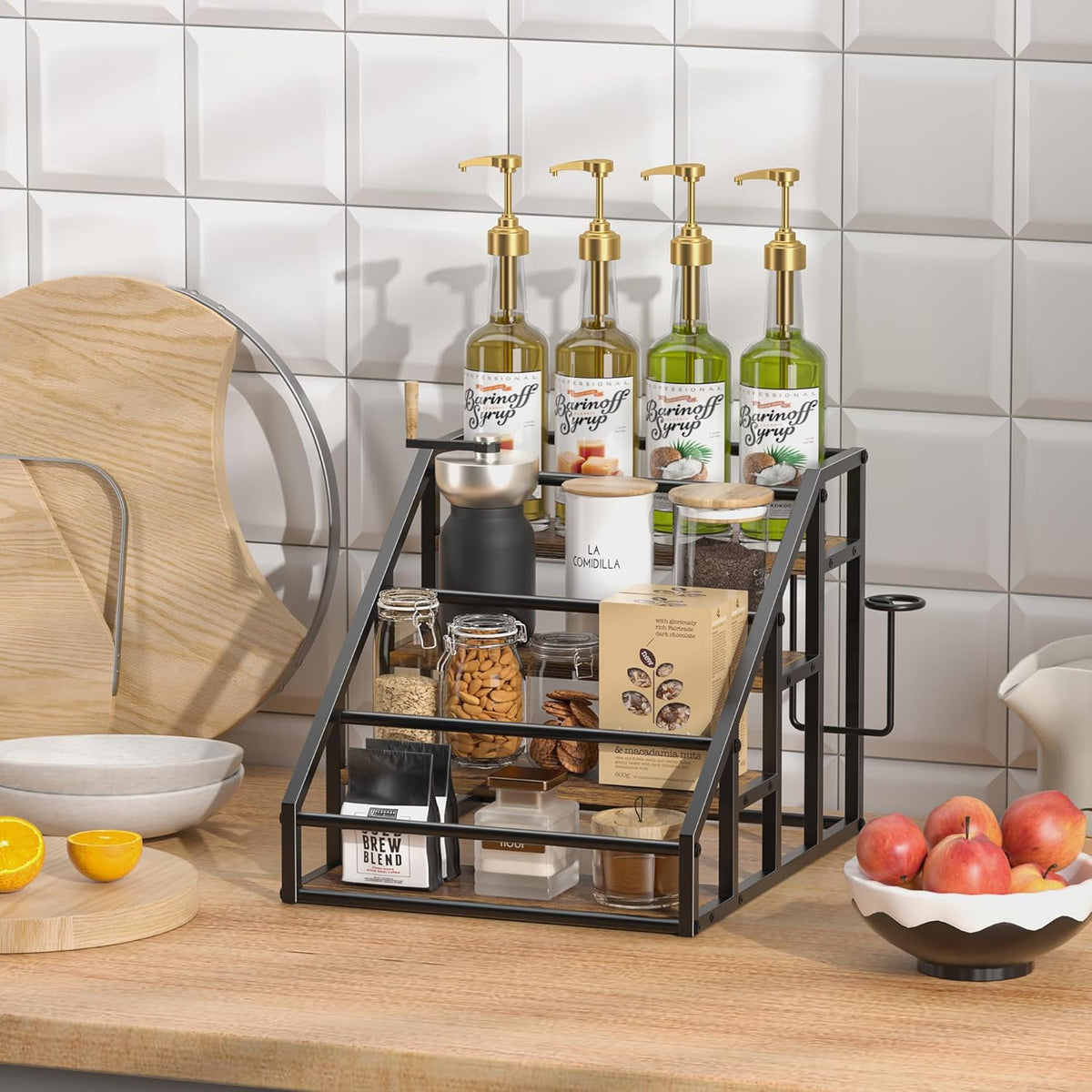 Coffee Syrup Rack Organizer, 3 Tier Countertop Storage Shelves, Kitchen Storage, 12 Syrup Bottle Stand Holder for Wine, Liquor, Kitchen Coffee Station Organizer Rack, 13.8"x13.4"x13.0", Rustic Brown
