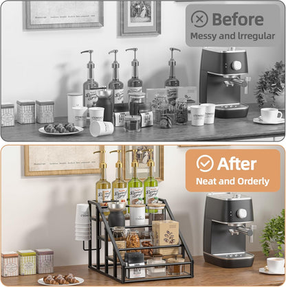Coffee Syrup Rack Organizer, 3 Tier Countertop Storage Shelves, Kitchen Storage, 12 Syrup Bottle Stand Holder for Wine, Liquor, Kitchen Coffee Station Organizer Rack, 13.8"x13.4"x13.0", Rustic Brown